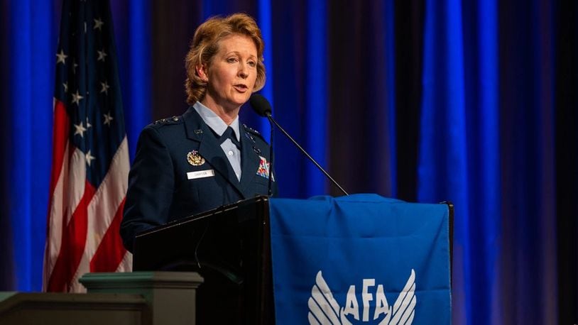 Maj. Gen. Donna Shipton speaks during the 7th Annual Air Force Association Schriever Space Futures Forum at the Beverly Hills Hilton Hotel in Beverly Hills in November 2021. U.S. Space Force photo by Staff Sgt. Luke Kitterman
