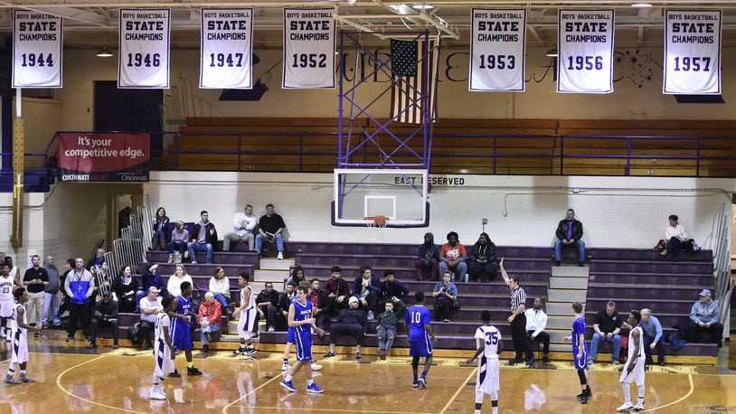 Two Middletown High School boys basketball teams that won back-to-back state championships will be inducted in the Ohio Basketball Hall of Fame next year. The 1951-52 and 1952-53 Middletown High School teams will be inducted in May 2019 in Columbus. The banners for the state championship teams hang over the final game played last December inside Wade E. Miller Gymnasium. NICK GRAHAM/STAFF