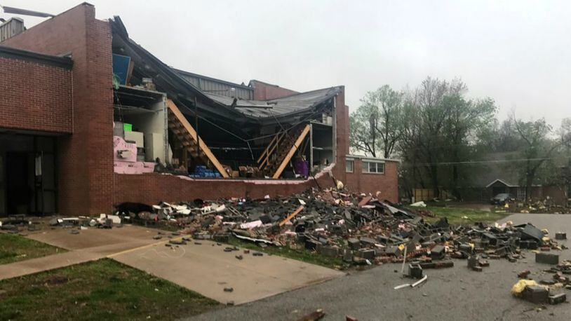 An apparent tornado left behind damage in Goodman, Missouri, on Tuesday, April 4, 2017.