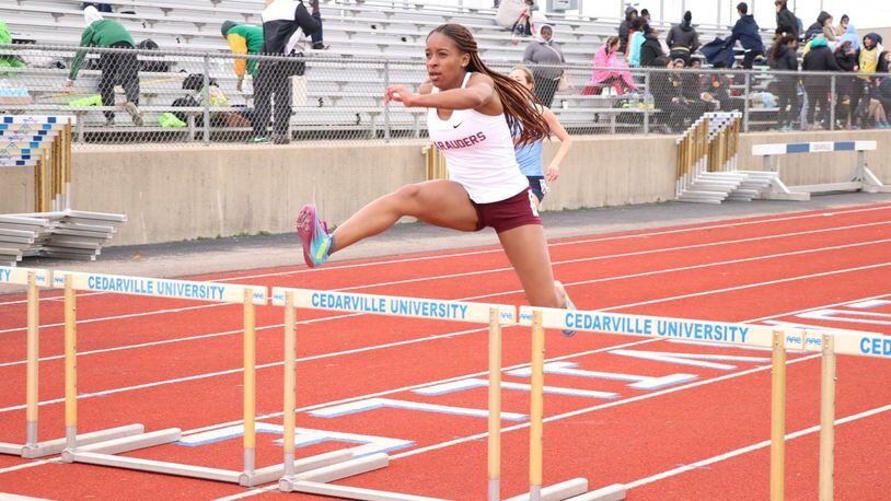 Central State junior Iesha Lockhart, who is from Nassau, Bahamas, competes in the 400 meter hurdles in a meet at Cedarville this spring. CONTRIBUTED