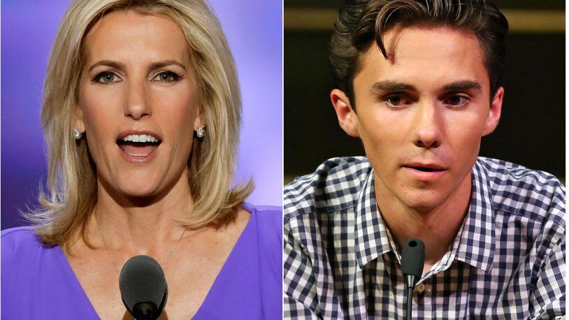 In this combination photo, Fox News personality Laura Ingraham speaks at the Republican National Convention in Cleveland on July 20, 2016, left, and David Hogg, a student survivor from Marjory Stoneman Douglas High School in Parkland, Fla., speaks at a rally for common sense gun legislation in Livingston, N.J. on  Feb. 25, 2018.