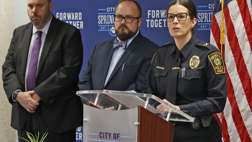 Springfield Police Chief Allison Elliott talks about the incident that happened last week at Kenwood Elementary School during a press conference Monday, Feb. 20, 2023. Standing with Elliott are, Sgt. James Byron, left, and Clark County Prosecutor Dan Driscoll. BILL LACKEY/STAFF