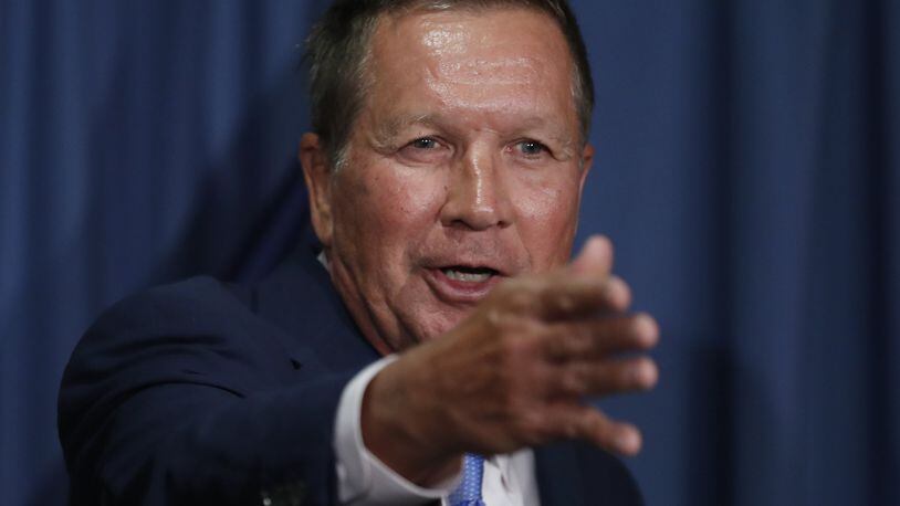 Ohio Gov. John Kasich speaks during a news conference with Colorado Gov. John Hickenlooper at the National Press Club in Washington, Tuesday, June 27, 2017, about Republican legislation overhauling the Obama health care law. (AP Photo/Carolyn Kaster)