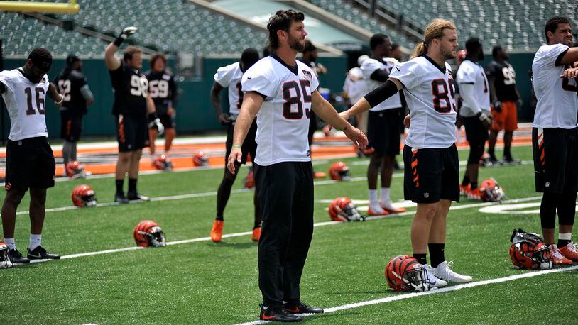Cincinnati Bengals tight end Tyler Eifert stretches prior to the start of Wednesday’s minicamp practice. JAY MORRISON/STAFF