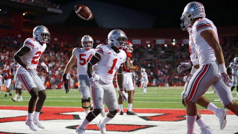 PISCATAWAY, NJ - SEPTEMBER 30: Wide receiver Johnnie Dixon #1 of the Ohio State Buckeyes celebrates after scoring a 39 yard touchdown pass in the second quarter during a game against the Rutgers Scarlet Knights on September 30, 2017 at High Point Solutions Stadium in Piscataway, New Jersey. (Photo by Hunter Martin/Getty Images)