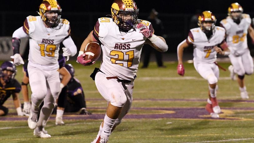 Ross senior Jackson Gifford rushed for 243 yards Friday night as the Rams beat top-seeded Bellbrook 41-19 in a Division III, Region 12 semifinal. Nick Falzerano/CONTRIBUTED