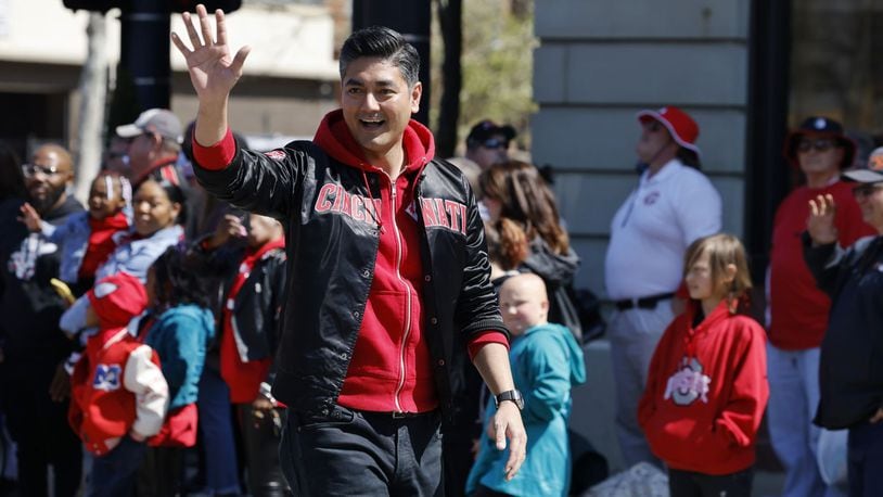 Cincinnati mayor Aftab Pureval greets the crowd during the Findlay Market Opening Day Parade Thursday, March 30, 2023 in Cincinnati. NICK GRAHAM/STAFF