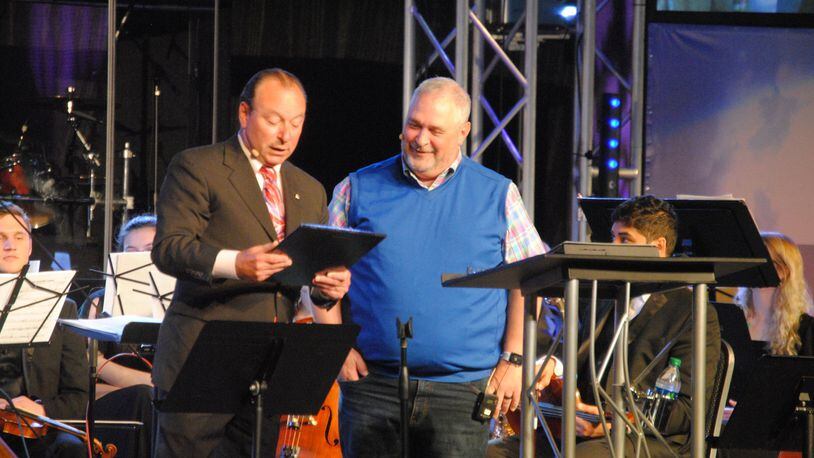 Fairfield Mayor Steve Miller swapped roles with Tri-County Assembly of God pastor Brad Rosenberg on Sunday, May 13, 2018, delivering a Mother’s Day-themed sermon in front of his mother and a crowd of hundreds, after Miller proclaimed Rosenberg mayor for the day. ERIC SCHWARTZBERG/STAFF