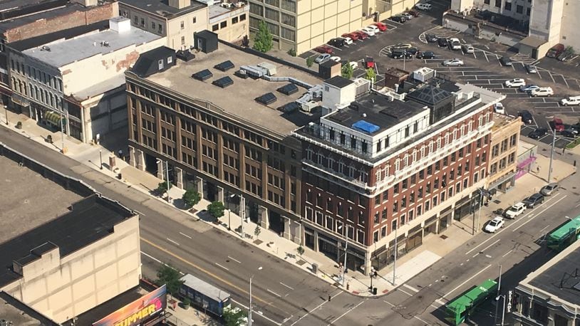 An aerial view of the corner of East Third and Jefferson streets. The Elks building sits at the corner and next to it is the 124 E. Third St. building. Both are targeted for redevelopment. CORNELIUS FROLIK / STAFF