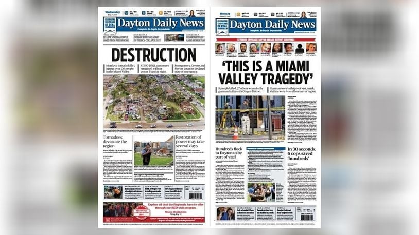 The Dayton Daily News won first place in page one design in Ohio in the Society of Professional Journalists' statewide awards announced Sept. 30, 2020. Sharyn Boyle designed the page at left on the Memorial Day tornadoes and Adrian Zamarron designed the page at right on the aftermath of the Oregon District mass shooting.