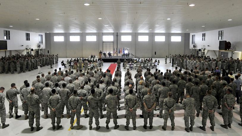 Local guardsmen stand for a ceremony at the Springfield Air National Guard Base in an April 2016 file photo. Staff file photo by Bill Lackey