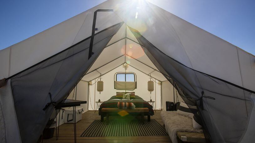 Lazy Sky Retreat has tepees that are spacious tents with electrical outlets, Western decor and doors facing the rising sun on May 15, 2018, in Joshua Tree, Calif. Lazy Sky is just one of Joshua Tree&apos;s estimated 800 unlicensed vacation rental businesses offering a menu of quirky alternatives to traditional motel lodging: neighborhood homes, vintage trailers, Sherpa huts, tepees, shipping containers, simply slabs of cement on which to pitch a tent or park a vehicle. (Gina Ferazzi/Los AngelesTimes/TNS)