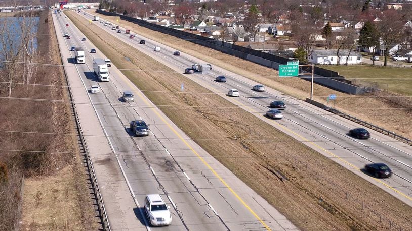 Aerial view of Interstate 75 in Moraine looking north where a wrong-way driver collided with another vehicle and killed three members of a Mason family on March 17, 2019. STAFF FILE