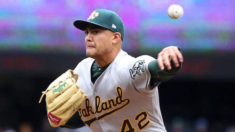 Oakland Athletics pitcher Sean Manaea in the first inning against the Seattle Mariners on Sunday, April 15, 2018, at Safeco Field in Seattle, Wash. (Ken Lambert/Seattle Times/TNS)