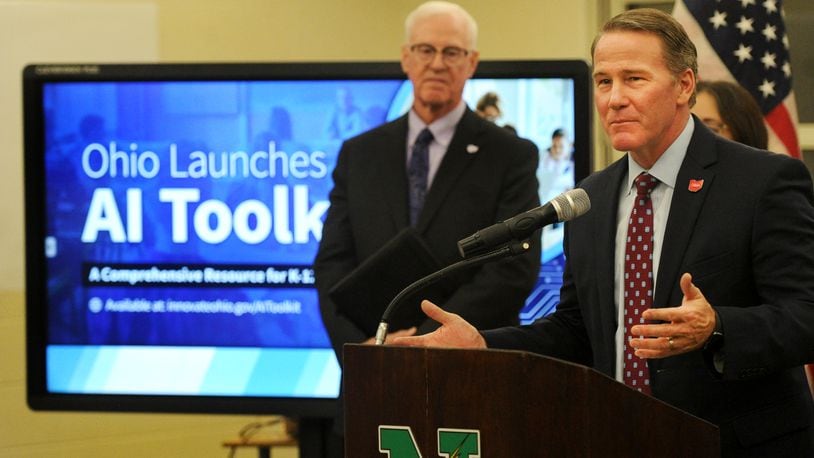 Ohio Lt. Governor Jon Husted hosted a press conference at Northmont High School Thursday, Feb. 15, 2024 to unveil a new resource that aims to help Ohio school districts implement artificial intelligence in the classroom so students can be better prepared for jobs in the modern economy. MARSHALL GORBY\STAFF
