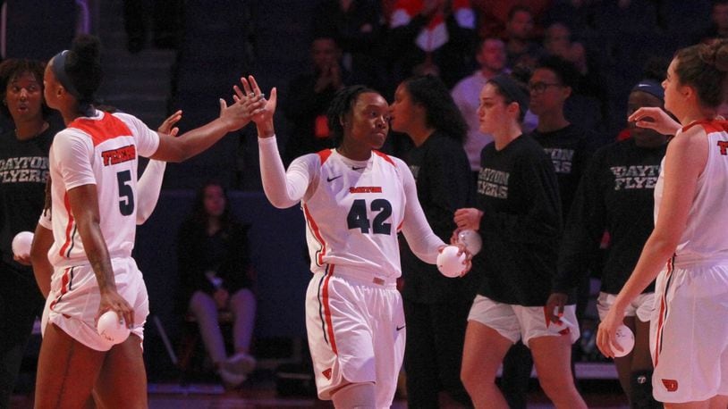 Dayton's Jayla Scaife is introduced before a game against South Carolina on Saturday, Nov. 13, 2019, at UD Arena.
