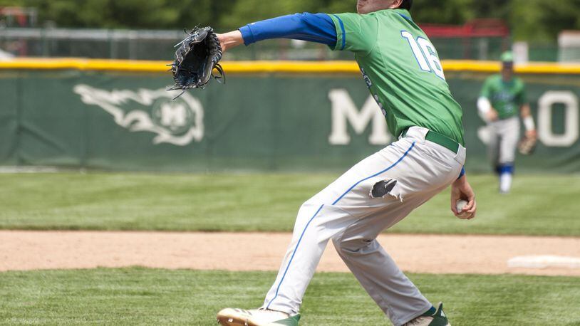 Chaminade Julienne senior Nick Wissman didn’t allow a run until the seventh inning in leading the Eagles to a 3-1 victory over Granville in a Division II regional semifinal Saturday at Mason High School. Jeff Gilbert/CONTRIBUTED