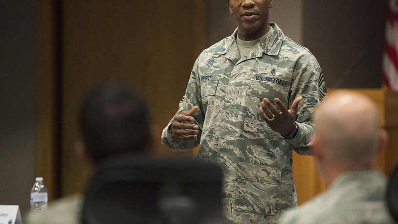 Chief Master Sgt. of the Air Force Kaleth O. Wright answers questions during the Air Force Materiel Command’s Chief Orientation Course Feb. 8 in the AFMC headquarters building, Wright-Patterson Air Force Base. The course was attended by the command’s senior master sergeants who have been selected for advancement to the rank of chief master sergeant. (U.S. Air Force photo/R.J. Oriez)