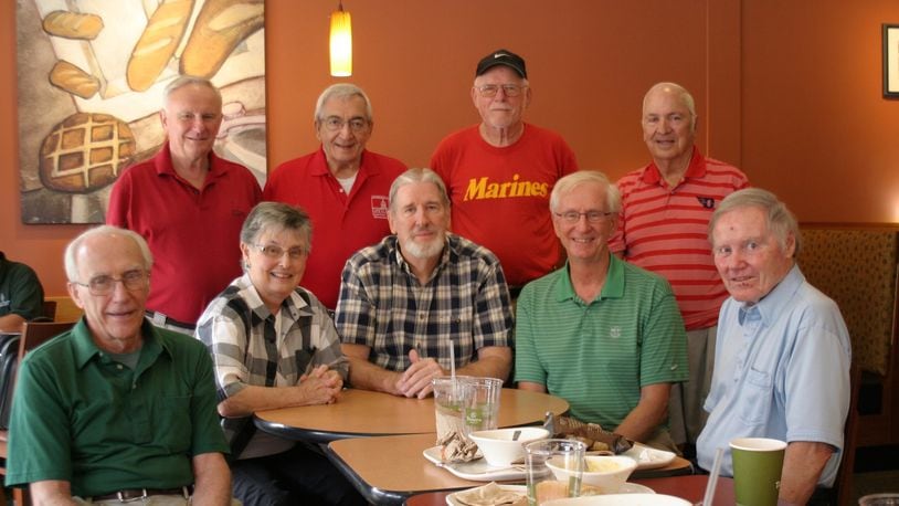 Retired U.D. math professors meet at Panera Bread on Brown Street to reminisce. Seated (from left): Harry Mushenheim, Carroll Schleppi, John Kauflin, Les Steinlage, and Jack McCloskey.Standing (from left): Ralph Steinlage, Dick Peterson, Jerry Strange and Ben Rice. PAMELA DILLON/CONTRIBUTED