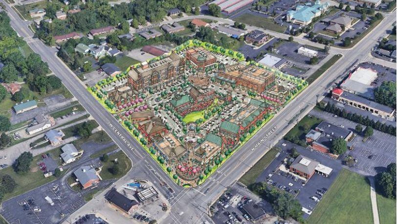 This is a rendering of plans for redevelopment of land on the northwest corner of Springboro’s central crossroads, superimposed on an aerial photo of the surrounding area, according to Google Earth.