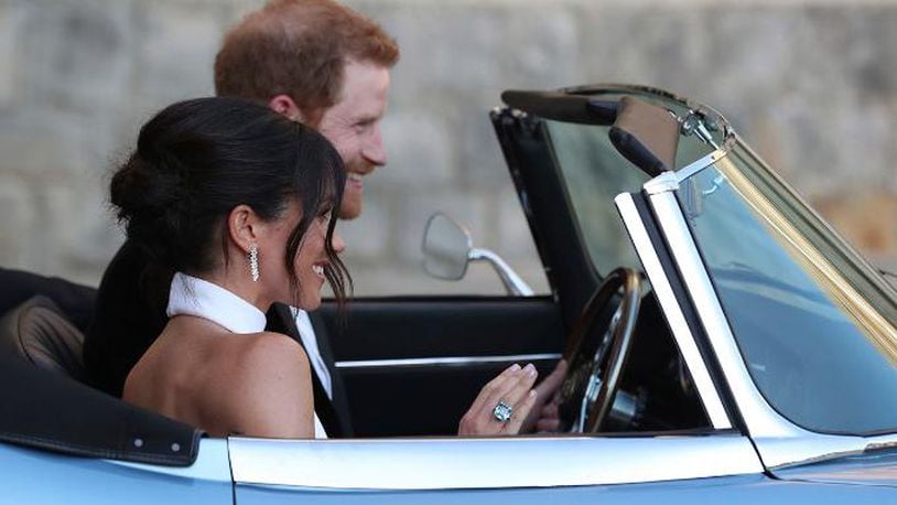 Meghan Markle, Duchess of Sussex, wears a ring which belonged to Diana, Princess of Wales, on Saturday. (Steve Parsons/PA via AP)