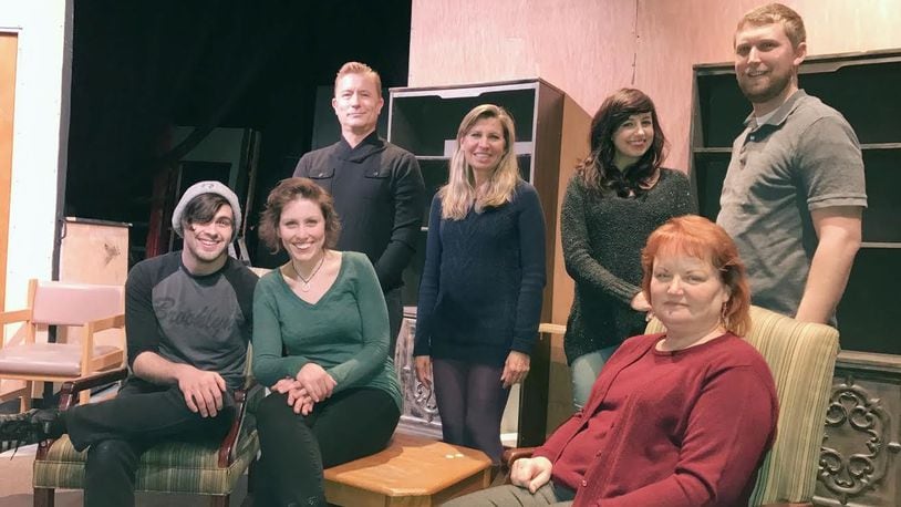 (left to right, front) Andrew Poplin, Kayla Graham, Cheryl Mellen, (left to right, back) John-Michael Lander, Cassandra Engber, Heather Atkinson, and Timothy Moore appear in the Dayton Theatre Guild’s production of the drama “Luna Gale” Jan. 20-Feb. 5. CONTRIBUTED