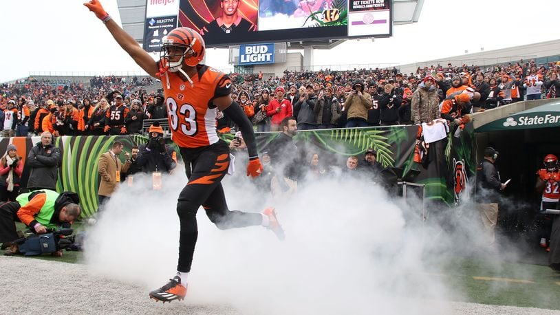 CINCINNATI, OH - DECEMBER 4: Tyler Boyd #83 of the Cincinnati Bengals runs on to the field while being introduced to the crowd prior to the start of the game against the Philadelphia Eagles at Paul Brown Stadium on December 4, 2016 in Cincinnati, Ohio. (Photo by John Grieshop/Getty Images)
