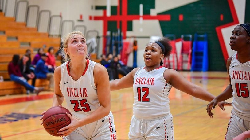Sinclair’s Amanda Schroeder maneuvers for a shot against Kellogg Community College in 2017. Eric Deeter/CONTRIBUTED