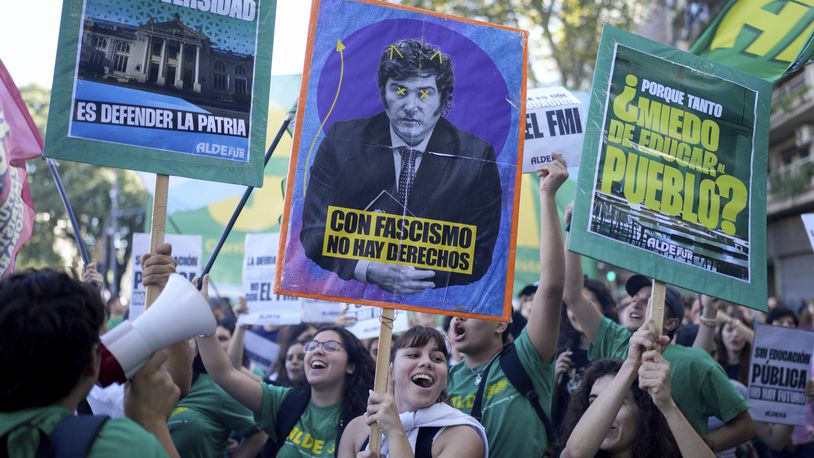 Students protest for more public university funding and against austerity measures proposed by President Javier Milei in Buenos Aires, Argentina, Tuesday, April 23, 2024. (AP Photo/Natacha Pisarenko)