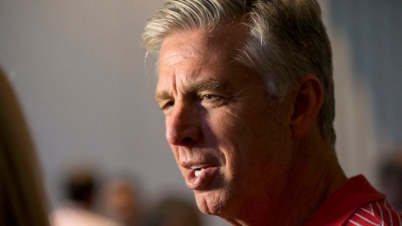 Dave Dombrowski, Boston Red Sox president of baseball operations, speaks with members of the media after having attended meetings during the annual Major League Baseball general managers meetings, Tuesday, Nov. 10, 2015, in Boca Raton, Fla. (AP Photo/Wilfredo Lee)