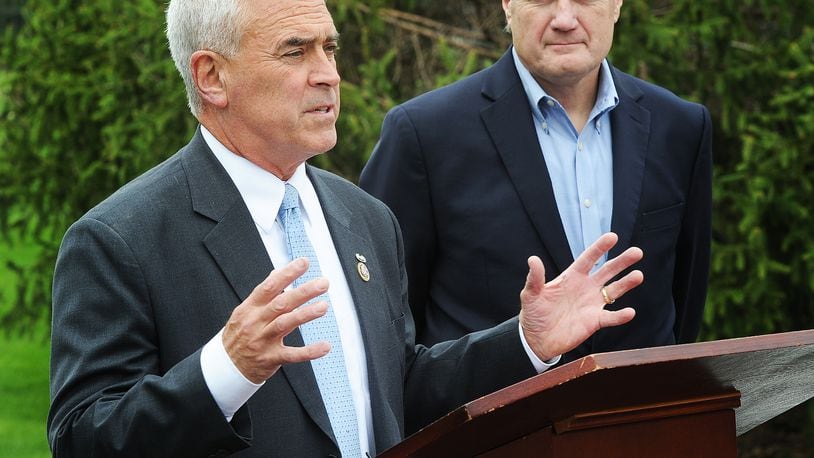 United States Representative Brad Wenstrup, left, and Intelligence Committee Chairman Mike Turner said Friday, April 21, 2023 that they are impressed with Wright-Patterson Air Force Base and its place in national defense after wrapping up two-day intelligence meeting at the base. MARSHALL GORBY\STAFF