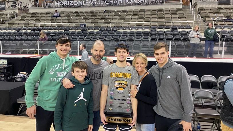 The Norris family after the Horizon League championship game on Tuesday night. From left: Cade, Kypton, Brett, Keaton, Carrie and Braden. CONTRIBUTED