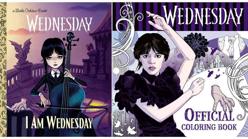 This combination of book covers released by Random House Books for Young Readers shows "I Am Wednesday (a Little Golden Book), left, and "Wednesday Official Coloring Book," a collaboration with Penguin Random House and Amazon MGM Studios. (Random House Books for Young Readers via AP)