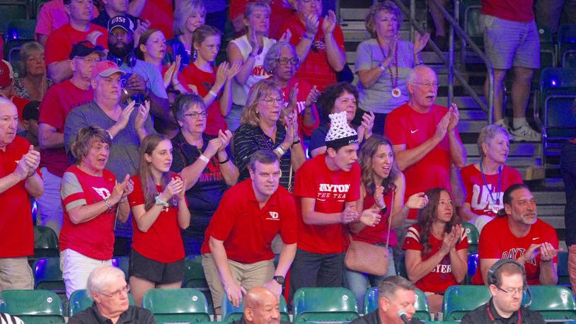 Dayton fans cheer during the third-place game in the Battle 4 Atlantis against Oklahoma on Friday, Nov. 23, 2018, at Imperial Gym on Paradise Island, Bahamas. David Jablonski/staff