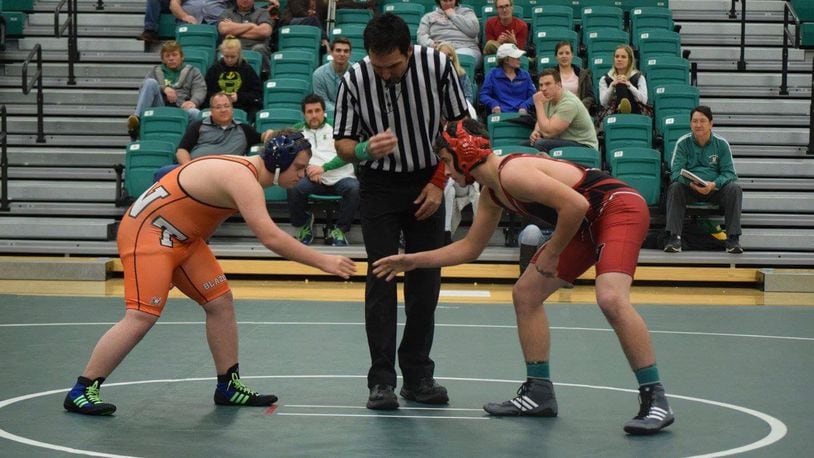 National Trail’s Brooks Henning (left) prepares to wrestling Wayne’s Tyler Stephens last week at Northmont. Photo courtesy of Annie Montgomery