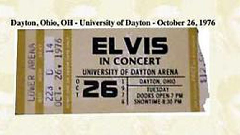 A ticket stub from Elvis Presley's Oct. 26, 1976 concert at the University of Dayton Arena. For Presley, who had made numerous appearances in the Miami Valley, it would be his final visit.