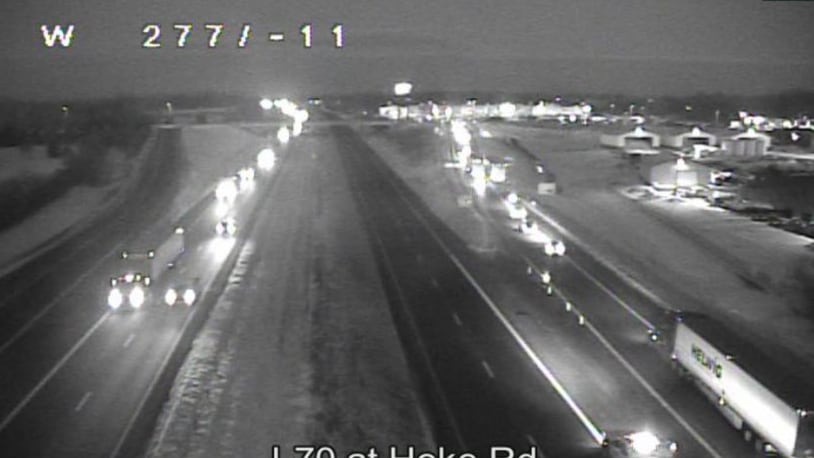 I-70 West near Hoke Road in Englewood was closed Tuesday morning, Feb. 8, 2022,  due to a crash. Photo courtesy the Ohio Department of Transportation.