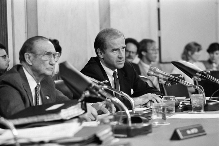 FILE - Sen. Joe Biden (D-Del.) listens during hearings for Judge Robert H. Bork during Bork’s Supreme Court nomination, in Washington, Sept. 18, 1987. Biden has spent his career devoted to institutions and relationships. And those are the tools he will rely on to govern a fractured nation. (Jose R. Lopez/The New York Times)