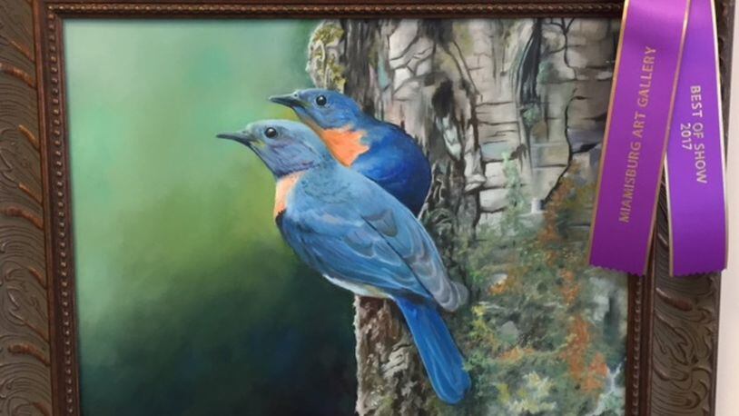 “Partners” oil painting on canvas of two bluebirds by Terri Caprio of Kettering won Best of Show at the Miamisburg Art Gallery. CONTRIBUTED