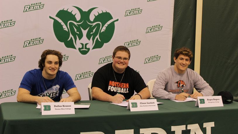 Three Badin High School football players made their collegiate commitments official this week. They were (from left) Dallas Krause (Thomas More), Chase Luckett (Ohio Northern) and Kegen Rogers (Georgetown). SUBMITTED PHOTO