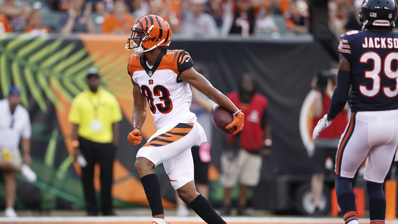 CINCINNATI, OH - AUGUST 09: Tyler Boyd #83 of the Cincinnati Bengals reacts after a three-yard touchdown reception against the Chicago Bears in the first quarter of a preseason game at Paul Brown Stadium on August 9, 2018 in Cincinnati, Ohio. (Photo by Joe Robbins/Getty Images)