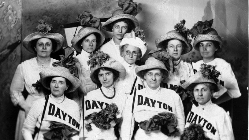 These women suffragists of Dayton marched for women's right in 1913. They are being honored at the 90th anniversary of the League of Women Voters.

The women pictured who went to Washington in 1913 were (left to right, back row) Ada Eby, Lena Bunn, Mrs. R.K. Welliver, Jane Marlay, A.K. Neibel and Miss Elizabeth Hecker.
Front row, left to right: Mrs. McCrea, Mrs. Kipple Hall, Jessee Davisson and Mrs. J.E. Welliver.