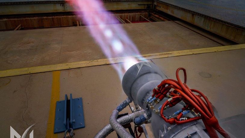 The Masten 25K lbf thrust Broadsword rocket engine. (Masten Space Systems photo/Matthew Kuhns)