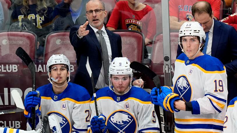 Buffalo Sabres coach Don Granato gestures during the third period of the team's NHL hockey game against the Florida Panthers, Saturday, April 13, 2024, in Sunrise, Fla. (AP Photo/Lynne Sladky)