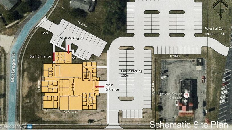 Montgomery County’s new Western Division municipal court, seen in this potential site plan, will be located on roughly 3.3 acres of property on the north side of East Main Street just across Macgregor Drive from the new library. MONTGOMERY COUNTY/LWC INCORPORATED 