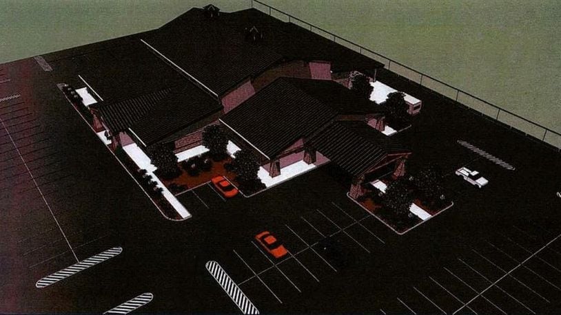 This is an earlier aerial rendering of the Warren County Event Center, when it was to cover 18,000 square feet near the entrance to the county fairgrounds in Lebanon. Although reduced in size to 16,000 feet, the project has been stalled by high costs.