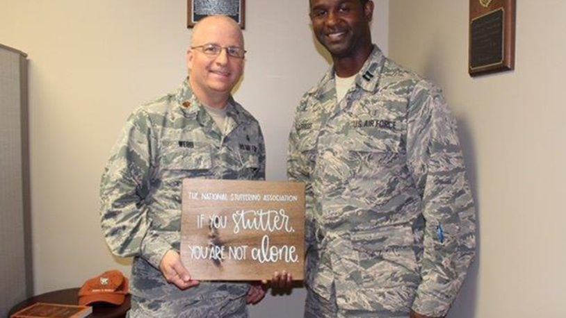 Maj. Gary Webb, 88th Medical Group Inpatient Squadron’s Critical Care Flight commander, and Capt. Landrus Burress, United States Air Force School of Aerospace Medicine chief of Epidemiology and Field Support Section, have formed a support group for stutterers like themselves to help other Airmen who stutter. The first support group meeting will be held Oct. 3 at 7 p.m. in the USO auditorium. (U.S. Air Force photo/Stacey Geiger)