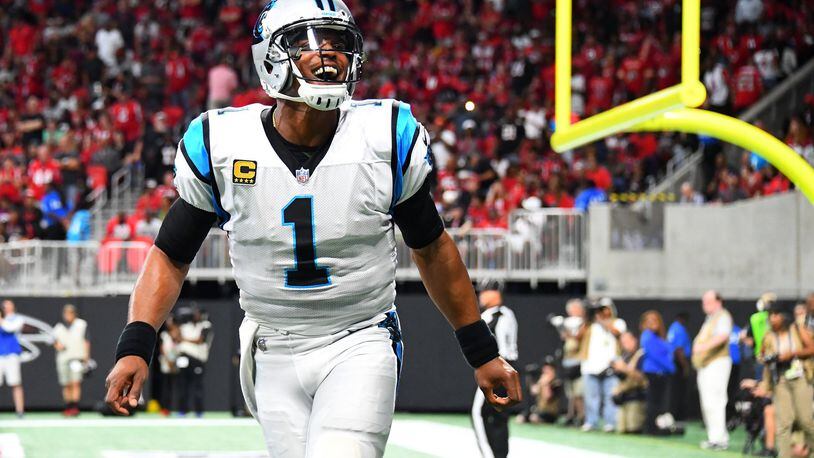 ATLANTA, GA - SEPTEMBER 16: Cam Newton #1 of the Carolina Panthers reacts to a touchdown during the second half against the Atlanta Falcons at Mercedes-Benz Stadium on September 16, 2018 in Atlanta, Georgia. (Photo by Scott Cunningham/Getty Images)