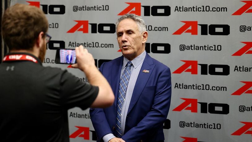 Duquesne coach Keith Dambrot does an interview at Atlantic 10 Conference Media Day on Thursday, Oct. 13, 2022, at the Barclays Center in Brooklyn, N.Y. David Jablonski/Staff