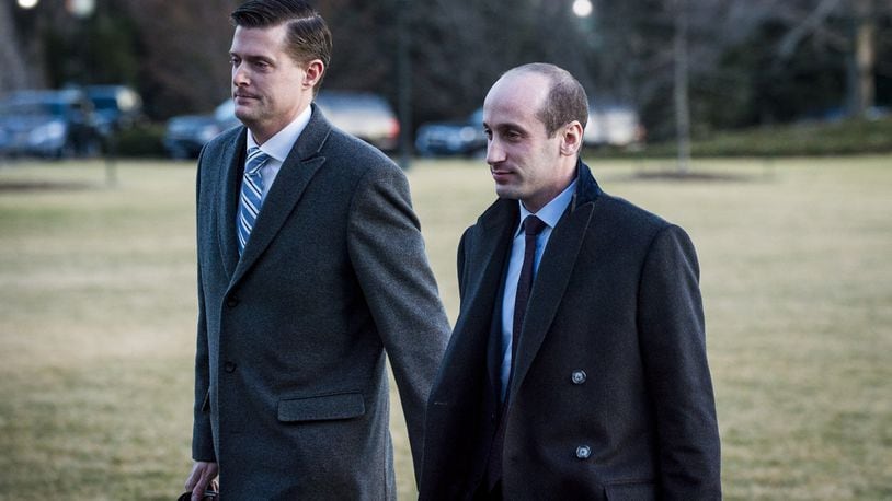 Rob Porter, left, the White House staff secretary, just two days before announcing his resignation after news surfaced that his two former wives said he had been physically and verbally abusive. (Pete Marovich/The New York Times)